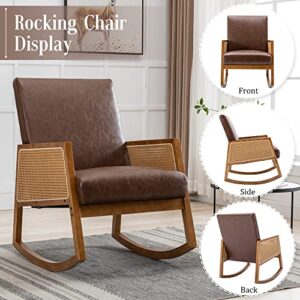 Olela Rocking Chair Nursery, Mid Century Modern Glider Chair Faux Leather Upholstered Rattan Chair, Modern Single Accent Chair with Wood Arm Rests for Living Room Bedroom Office (Brown-PU)
