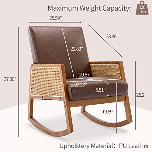 Olela Rocking Chair Nursery, Mid Century Modern Glider Chair Faux Leather Upholstered Rattan Chair, Modern Single Accent Chair with Wood Arm Rests for Living Room Bedroom Office (Brown-PU)