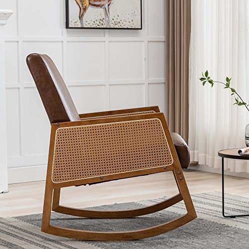 Olela Rocking Chair Nursery, Mid Century Modern Glider Chair Faux Leather Upholstered Rattan Chair, Modern Single Accent Chair with Wood Arm Rests for Living Room Bedroom Office (Brown-PU)