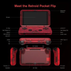 retroid Flip Android 11 retro gaming handheld with 8-core processor, fast graphics, 4GB RAM, 128GB storage, 4.7" touchscreen, and excellent controls/connectivity. With HDMI out, Wi-Fi & BT [16BIT-US]