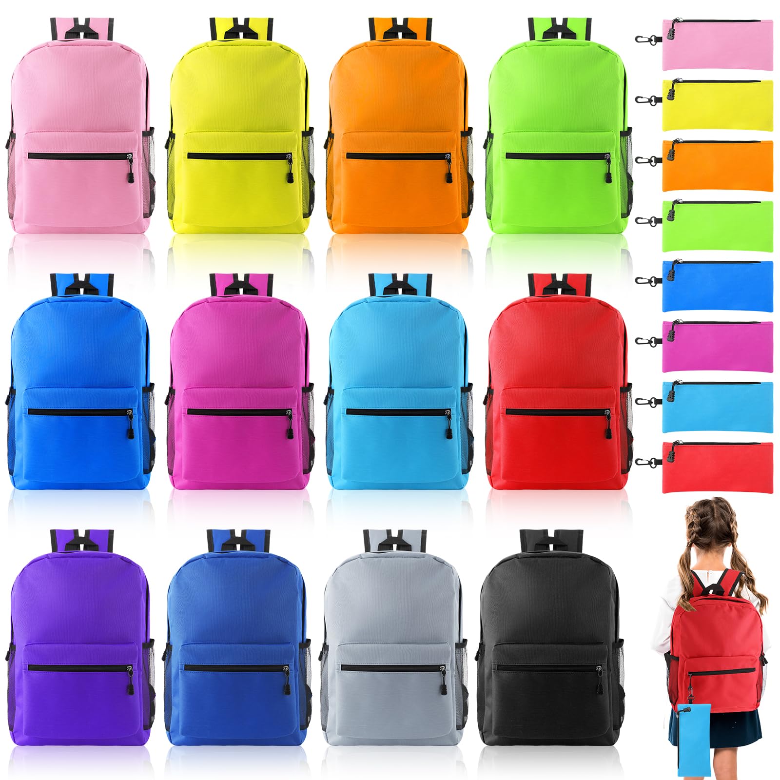 Silkfly 12 Pcs School Backpacks for Kids with 12 Zipper Pencil Pouch Lightweight Bookbags Bulk School Supplies(Bright Color)