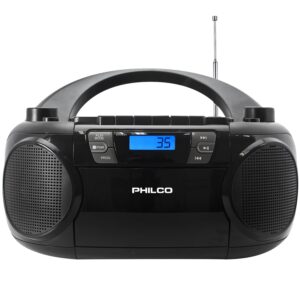 philco bluetooth cd boombox with cassette, mp3 cd usb playback the ultimate retro music combo with best class sound performance, 12 watts, and telescopic fm antenna provides maximum radio reception