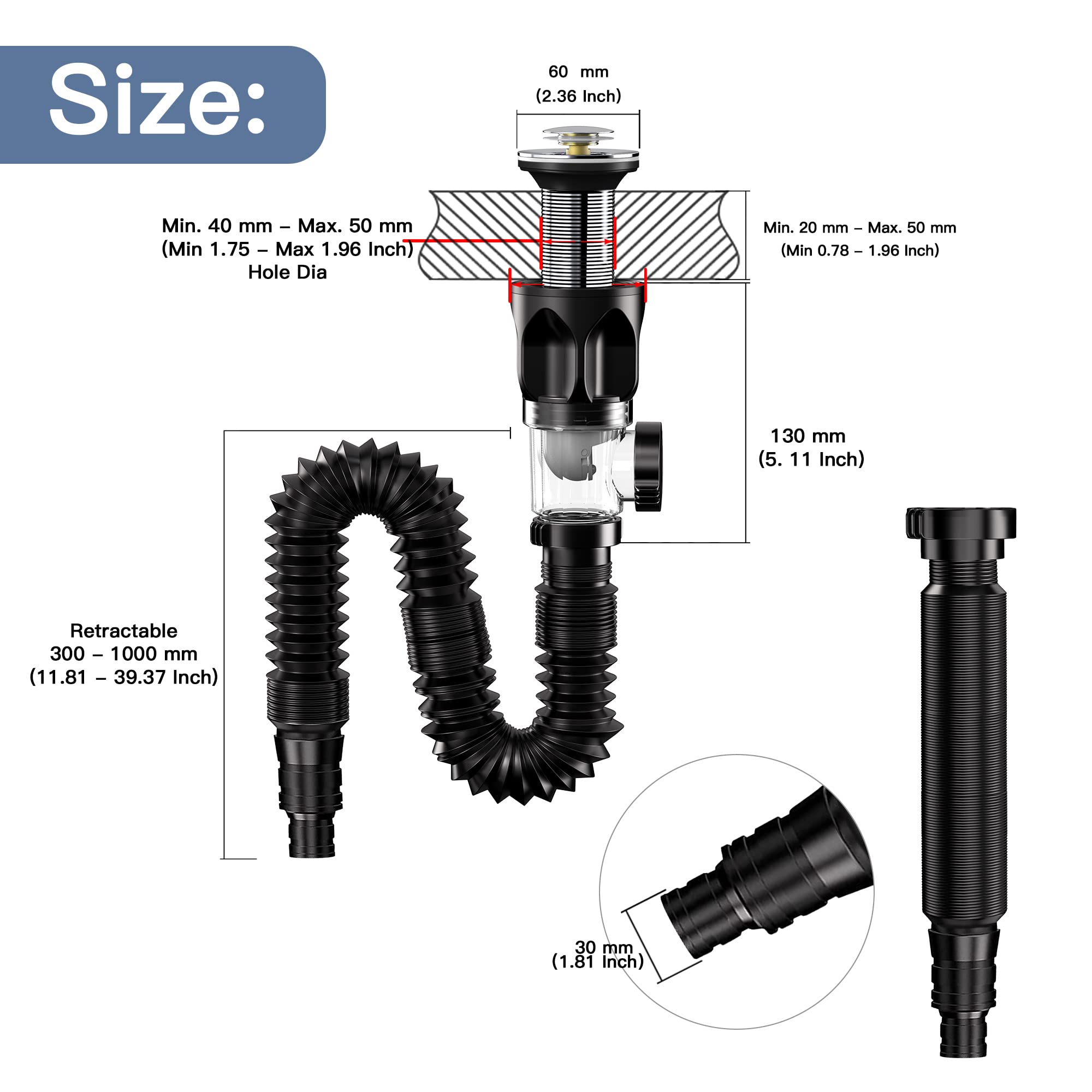 Miaphie Bathroom Sink Drain Kit, Bathroom Sink Drains with Flexible & Expandable P-Trap, Suitable for 1-1/4'' or 1-1/2'' PVC Drain Pipe, Pop Up Drain with Built-in Anti-clogging Stopper