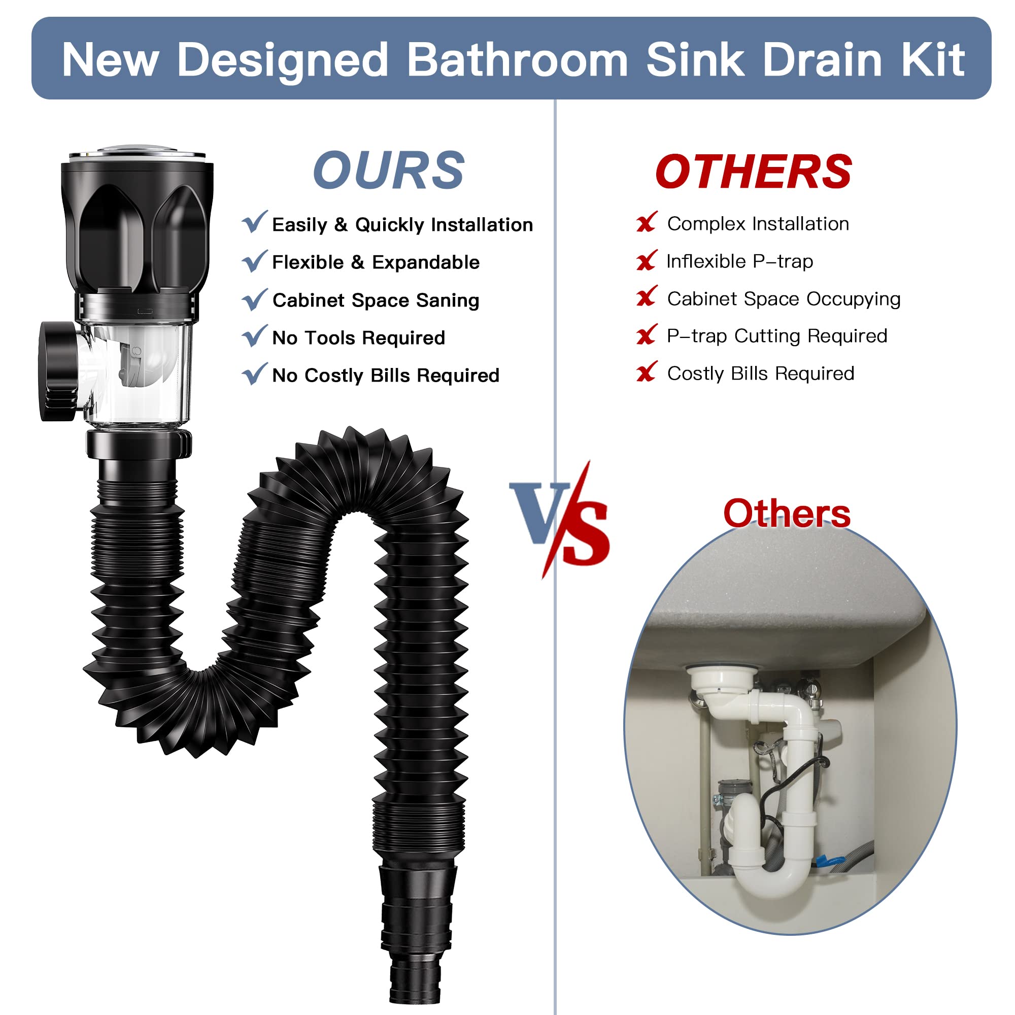 Miaphie Bathroom Sink Drain Kit, Bathroom Sink Drains with Flexible & Expandable P-Trap, Suitable for 1-1/4'' or 1-1/2'' PVC Drain Pipe, Pop Up Drain with Built-in Anti-clogging Stopper