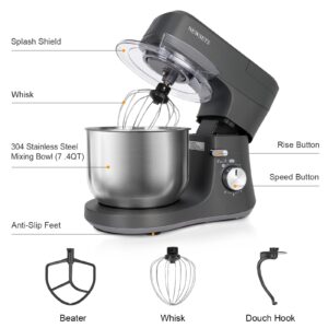 NEWSETS 7.4 QT Stand Mixer, Household Stand Mixer 600W Electric Mixers with Stainless Bowl Hook Whisk Beater and Splash Guard, Fast 6-Speed Tilt-Head Food Mixers for Baking, Cakes, Pastry Easily