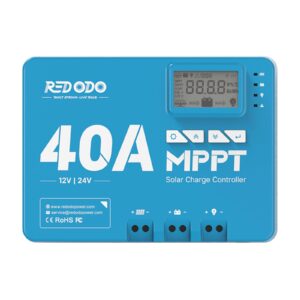 redodo 40 amp mppt 12v/24v dc input solar charge controller with built-in bluetooth module, parameter adjustable lcd display led indicators