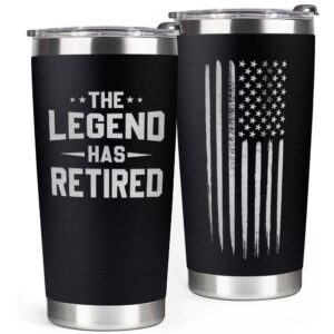 retirement gifts for men, him, dad, grandpa, coworkers, husband, teacher - the legend has retired - american flag tumbler 20oz - funny, unique, military, cool, best retirement gifts for men 2024