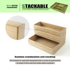 BAMOTTO Stack Bamboo Drawer Organizer Set of 5, Kitchen Utensil, Flatware&Silverware Organizer-Wood Laminated Stackable Drawer Organizer for Kitchen, Bedroom, Living Room Storage Box