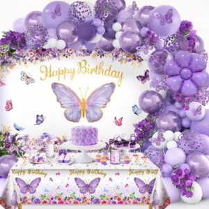 butterfly party decorations, girls birthday themes decorations with purple balloon arch kit butterfly photography backdrop banner and tablecloth for girls women butterfly birthday decor