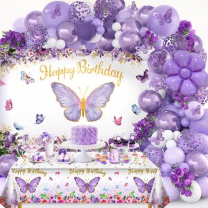 Butterfly Party Decorations, Girls Birthday Themes Decorations with Purple Balloon Arch Kit Butterfly Photography Backdrop Banner and Tablecloth for Girls Women Butterfly Birthday Decor