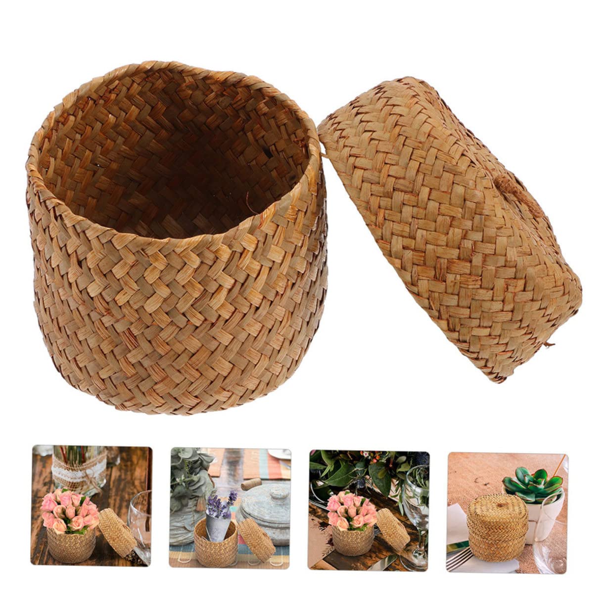 GANAZONO 2pcs Flower Box to Go Containers with Lids Mini Containers Wicker Storage Basket with Lid Woven Storage Box Wicker Storage Bins Round Woven Baskets Woven Storage Case Flower Basket