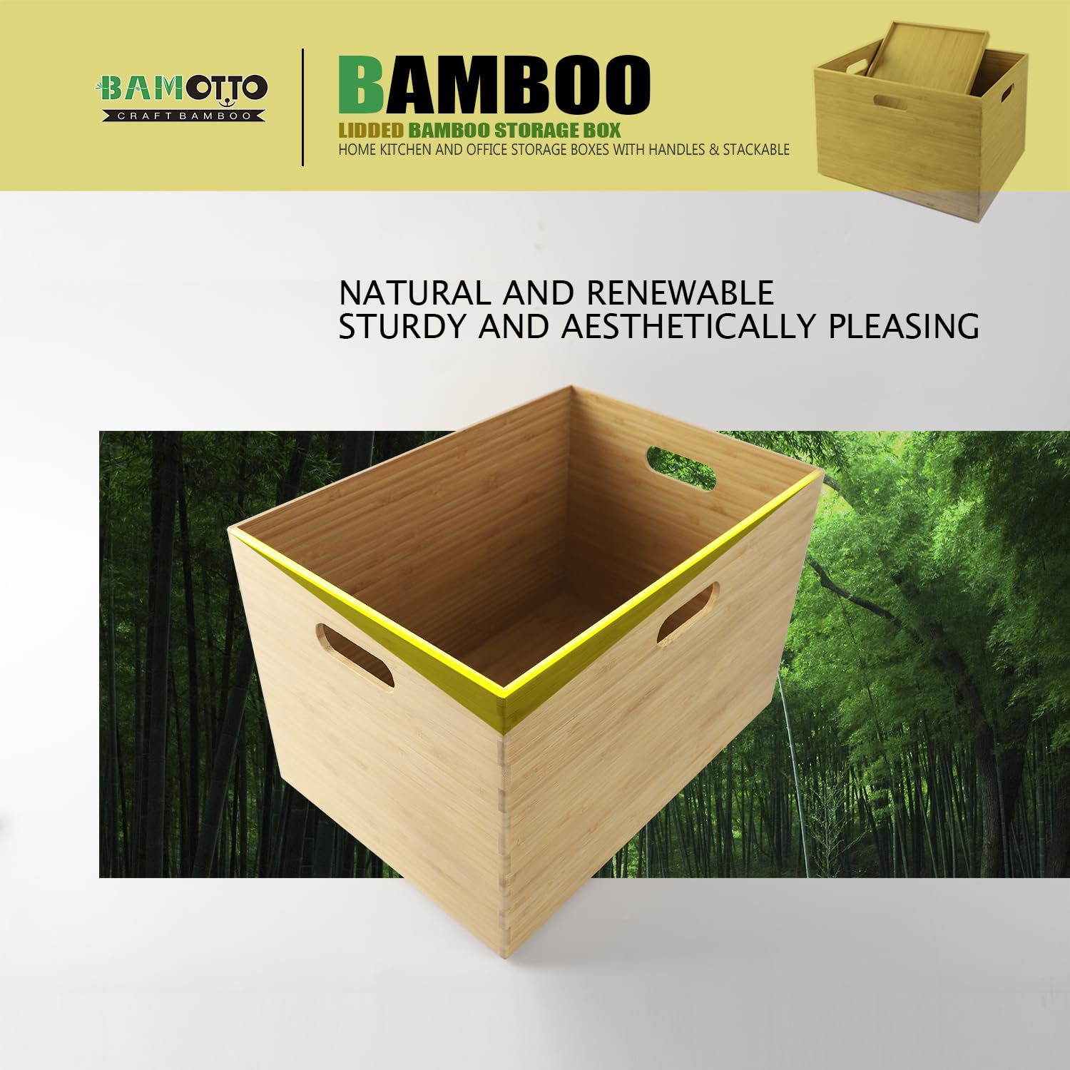 BAMOTTO Lidded Bamboo Storage Bins & Box/Cube/Basket, Home Kitchen and Office Storage Boxes with Handles & Stackable for Organizer Tableware, Crafts, Office Shelf Books, Large, 14.6”x10.2”x9.6”