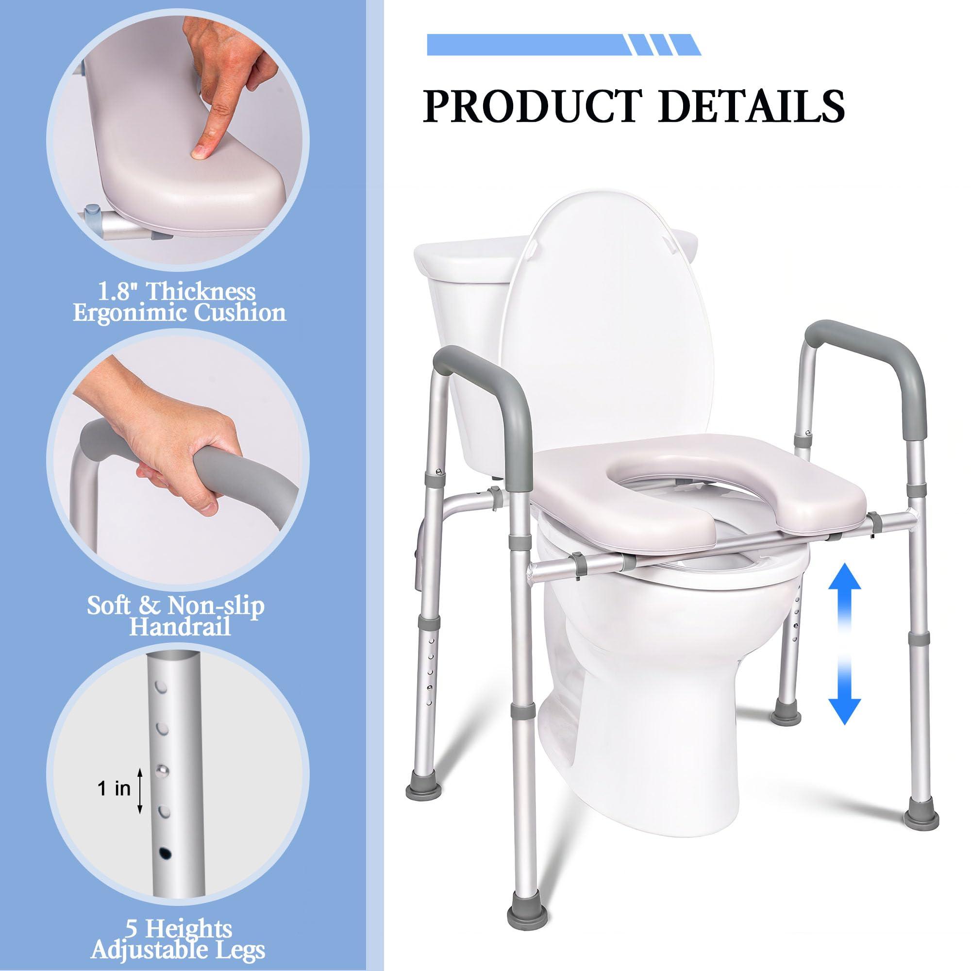 Tlingt Raised Toilet Seat with Handles, Stand Alone Adjustable Toilet Safety Frame and Elevated Toilet Seat Riser, Bathroom Assist Frame, Ideal for Seniors, Pregnant Woman and Disabled Individuals.