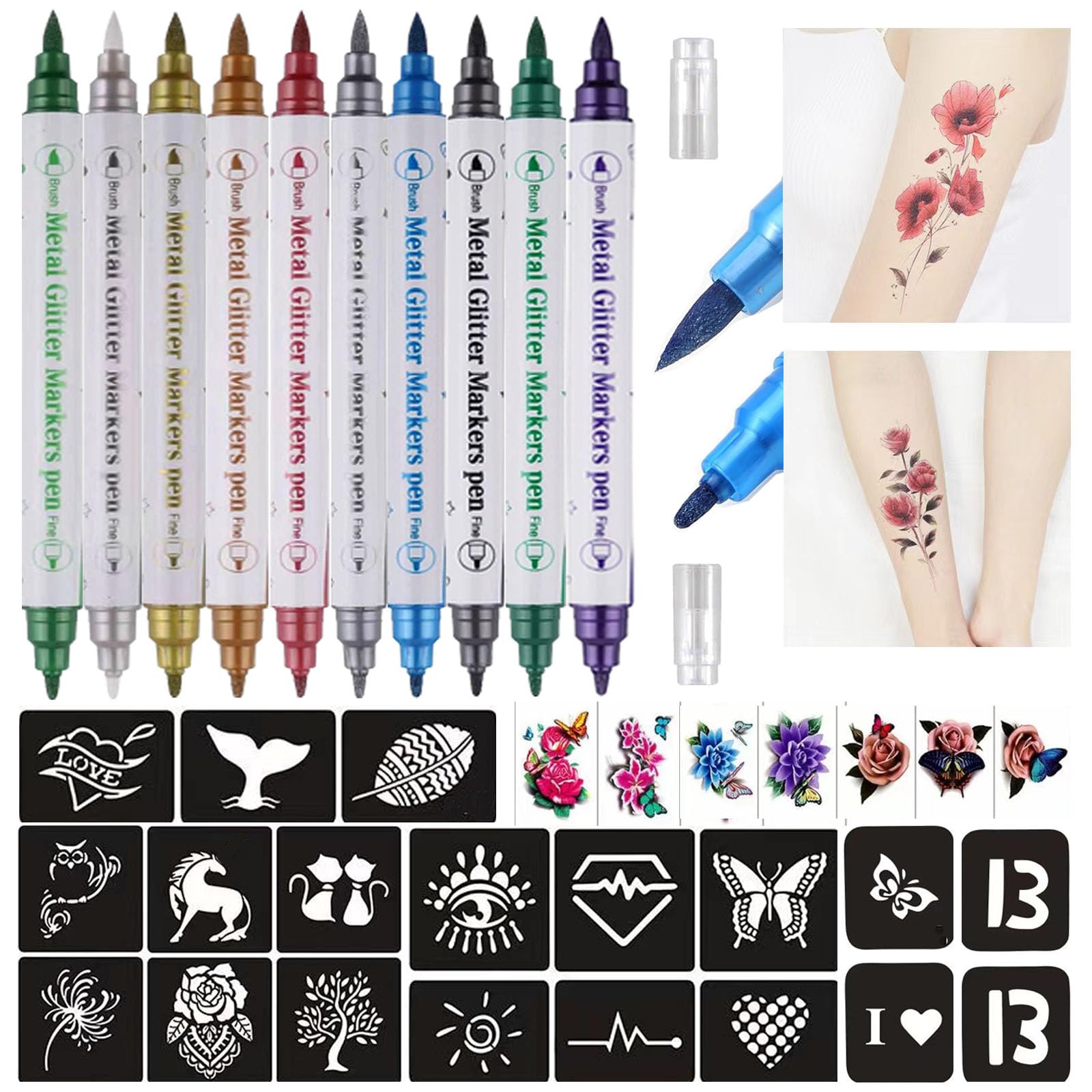 Betytattoo Temporary Tattoo Markers 10 Body Markers, Butterfly Temporary Tattoos for Women Girls Kids, Fake Colorful Butterflies Tattoo Waterproof for Face Body Arm Birthday Party (BETY3)