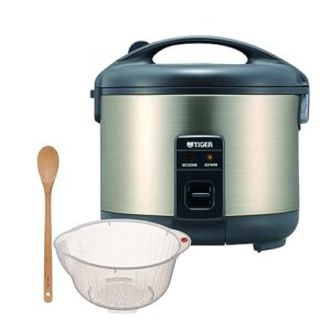tiger jnp-s18u stainless steel 10-cup conventional rice cooker (urban satin) bundle with rice washing bowl and bamboo spoon (3 items)
