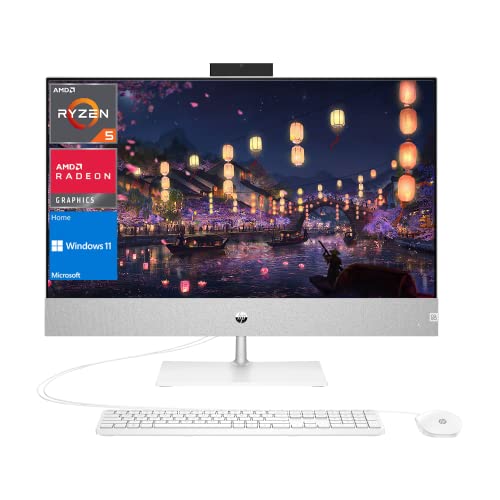 HP Pavilion All-in-One Desktop, 27" Full HD Display, AMD Ryzen 5 5625U Processor, HDMI, 64GB RAM, 1TB SSD, RJ-45, Wi-Fi 6, Windows 11 Home, Wired KB & Mouse, White