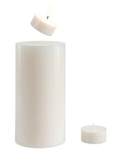 artificial pillar candles with real tea-light fire for home decoration & table centerpiece, tealight candle holder