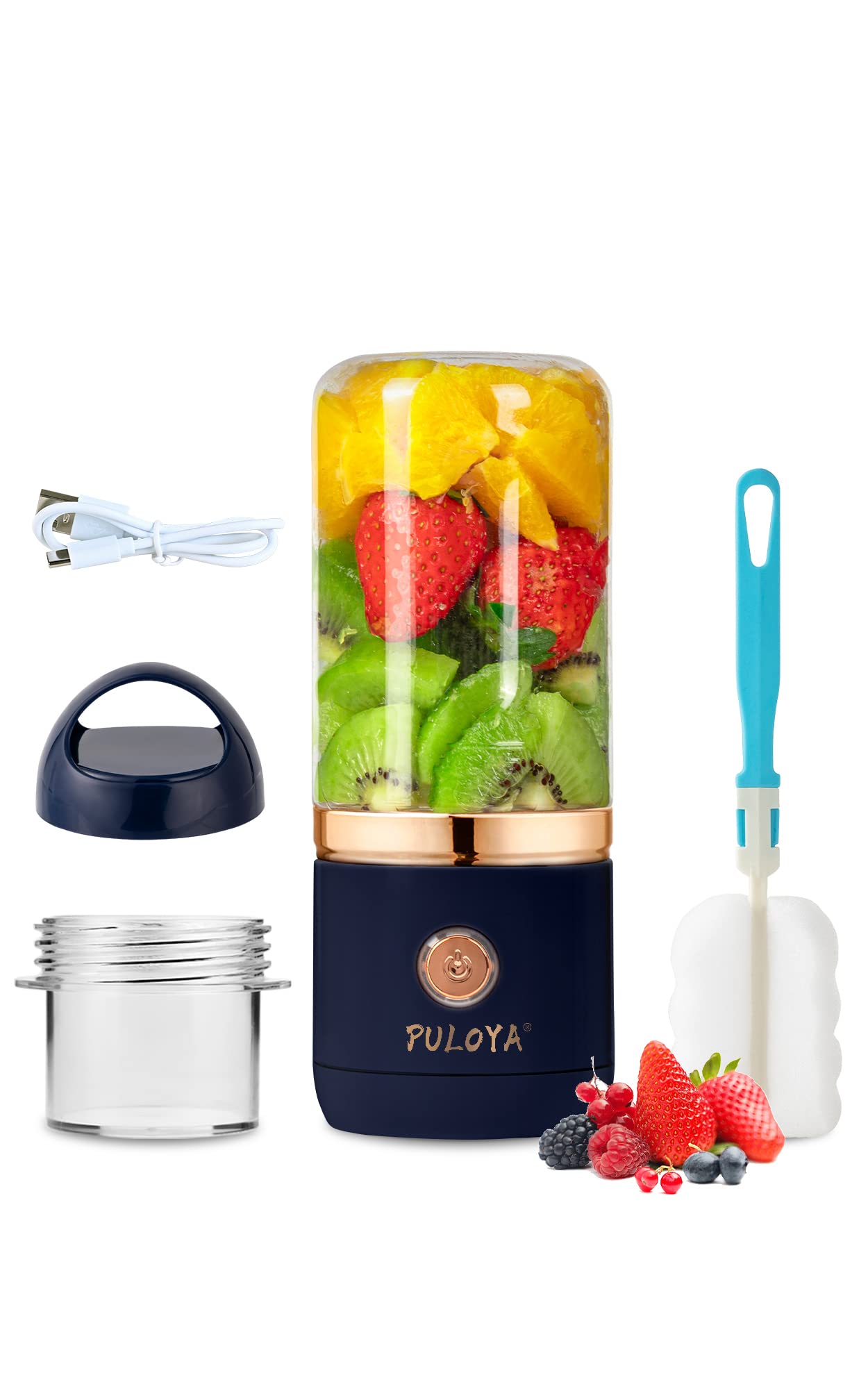 PULOYA Portable Blender, USB-C Rechargeable 14 Oz BPA Free Personal Juicer for Smoothies and Shakes with Travel Cup and Lid, Deep Blue