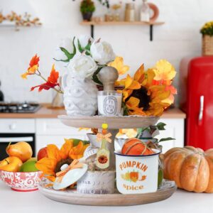 Fall decor - Pumpkin Spice Ceramic Canister with Wooden Beads Spoon Fall Decorations for Home Farmhouse Table Autumn Thanksgiving Tiered Tray, Candy Holder with Lid for Cookie Snacks House Warming