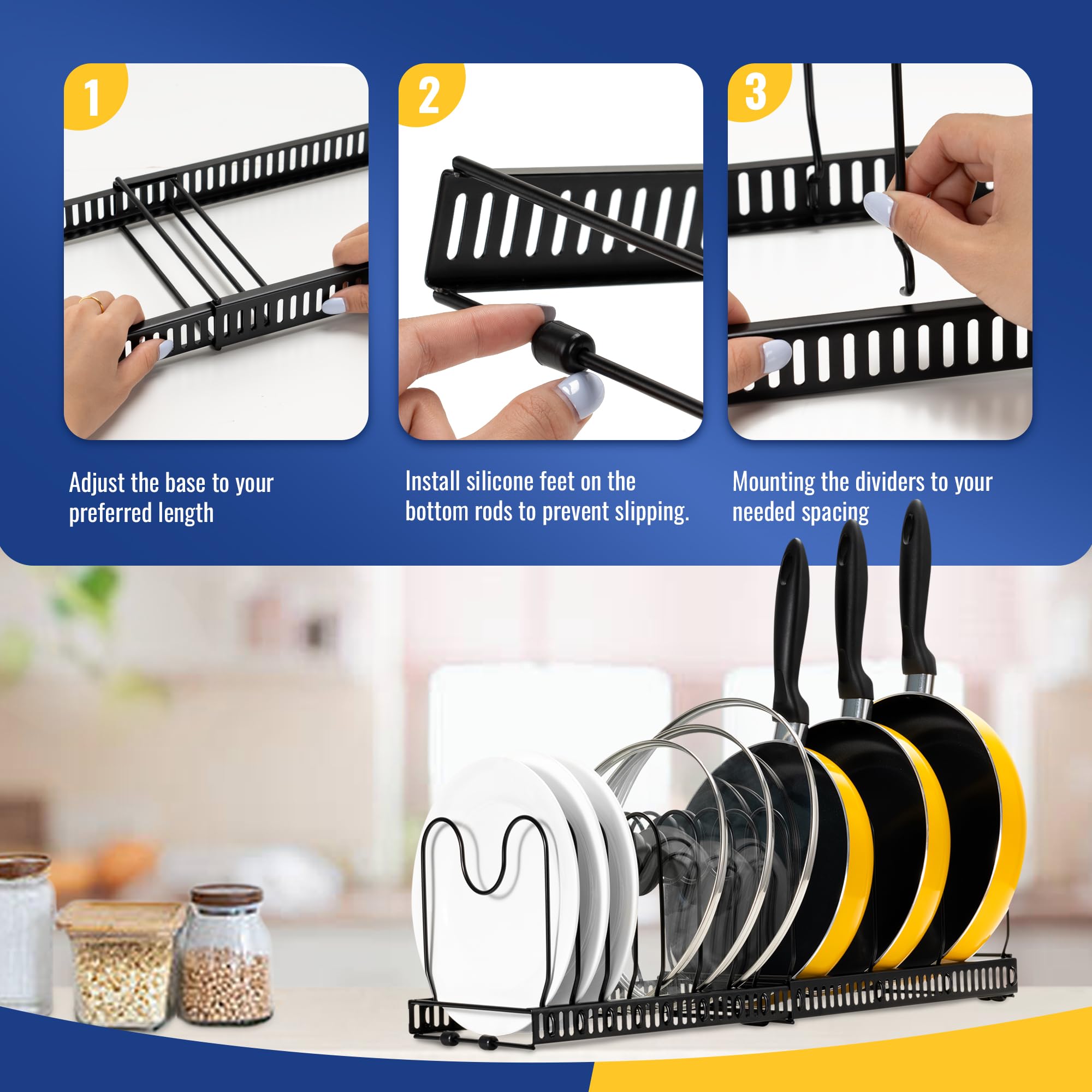 Damita Expandable Pot and Pan Organizer Rack for Cabinet, 2 Pack Pot Lid Holder with 10 Adjustable Compartments - Ideal Kitchen Cabinet Organizer for Cutting Board, Frying Pan, and More (Black)