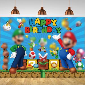 Super Brother Happy Birthday Backdrop Video Adventure Game Children Boy Photo Theme Party Decorative Shooting Gold Coin Mushroom Blue Element Prop Banner (5x3FT(150x90cm))