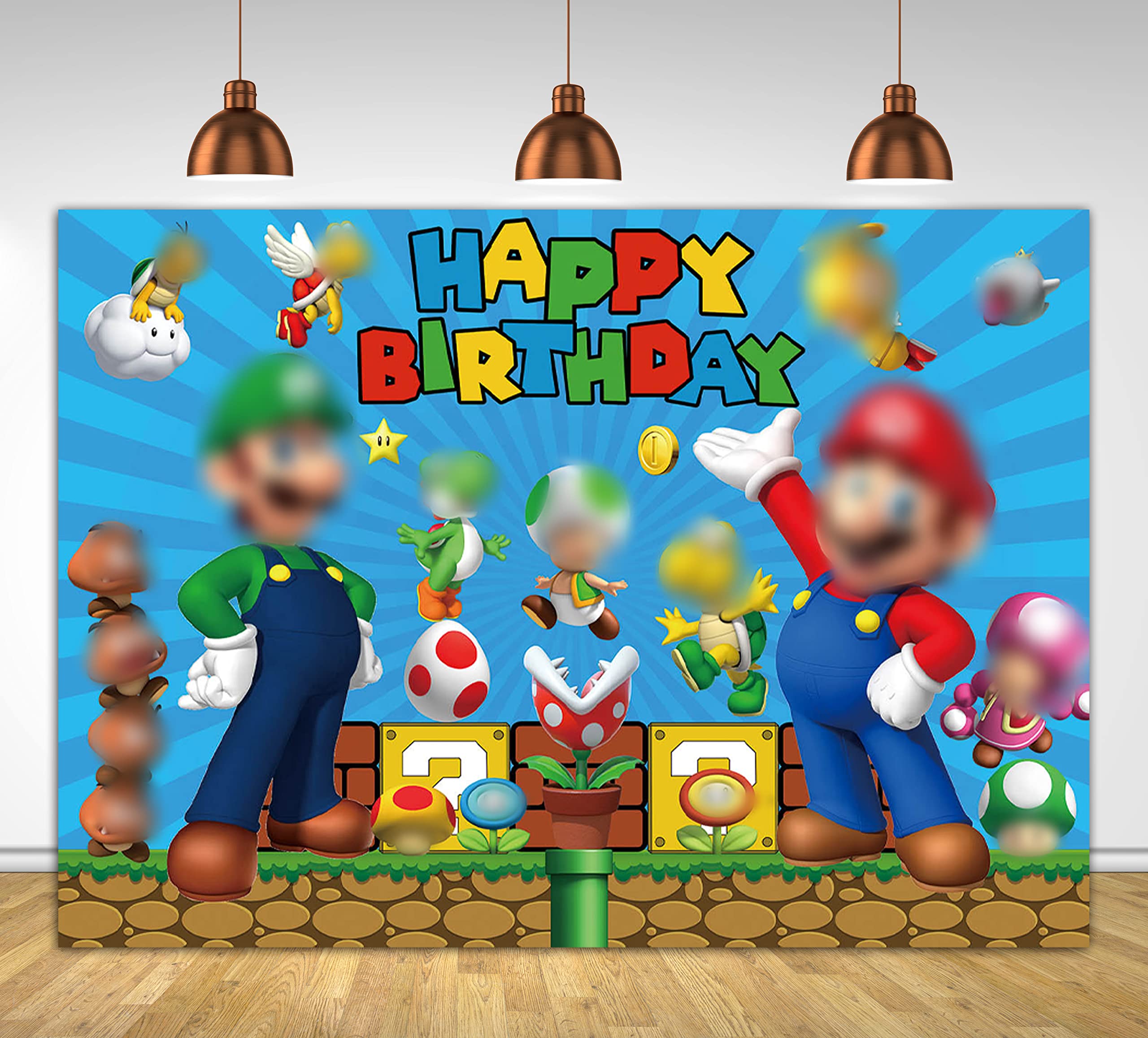 Super Brother Happy Birthday Backdrop Video Adventure Game Children Boy Photo Theme Party Decorative Shooting Gold Coin Mushroom Blue Element Prop Banner (5x3FT(150x90cm))