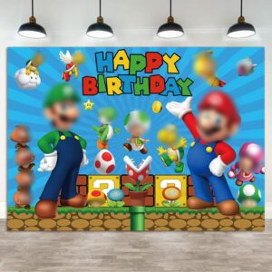 Super Brother Happy Birthday Backdrop Video Adventure Game Children Boy Photo Theme Party Decorative Shooting Gold Coin Mushroom Blue Element Prop Banner (5x3FT(150x90cm))