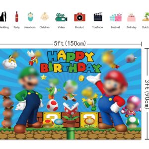 Super Brother Happy Birthday Backdrop Video Adventure Game Children Boy Photo Theme Party Decorative Shooting Gold Coin Mushroom Blue Element Prop Banner (5x3FT(150x90cm))