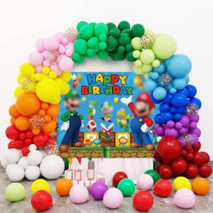 Super Brother Happy Birthday Backdrop Video Adventure Game Children Boy Photo Theme Party Decorative Shooting Gold Coin Mushroom Blue Element Prop Banner (5x3FT(150x90cm))