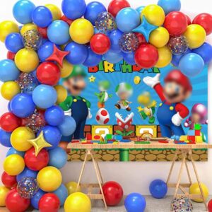 Super Brother Happy Birthday Backdrop Video Adventure Game Children Boy Photo Theme Party Decorative Shooting Gold Coin Mushroom Blue Element Prop Banner (5x3FT(150x90cm))