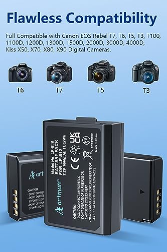 Artman 3-Pack LP-E10 Batteries 1600mAh and 3-Slot LCD Charger Pack for Canon EOS Rebel T7 T6 T5 T3 T100 Kiss X50 Kiss X70 EOS 1100D 1200D 1300D 2000D Digital Cameras