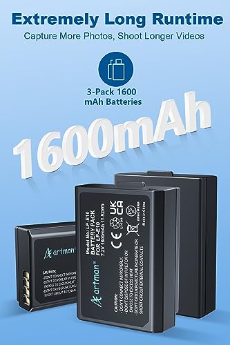 Artman 3-Pack LP-E10 Batteries 1600mAh and 3-Slot LCD Charger Pack for Canon EOS Rebel T7 T6 T5 T3 T100 Kiss X50 Kiss X70 EOS 1100D 1200D 1300D 2000D Digital Cameras