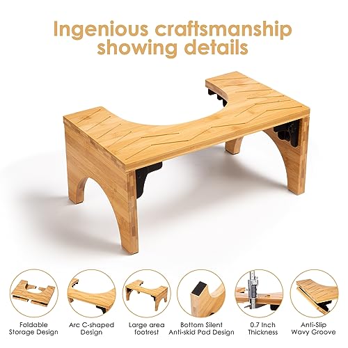 Housmile Toilet Stool, Poop Stool for Bathroom Waterproof and Non Slip, 7.8" Foldable Bathroom Stool, Bamboo Flip Simple Design, Improve Bathroom Posture and Comfort, Natural Color, Healthy Gifts