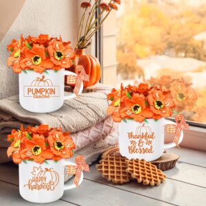 3pcs mini coffee mug with artificial flowers for fall/thanksgiving tiered tray decor - autumn pumpkin ceramic fall decorations for home fall decor farmhouse table centerpiece warming gifts new home