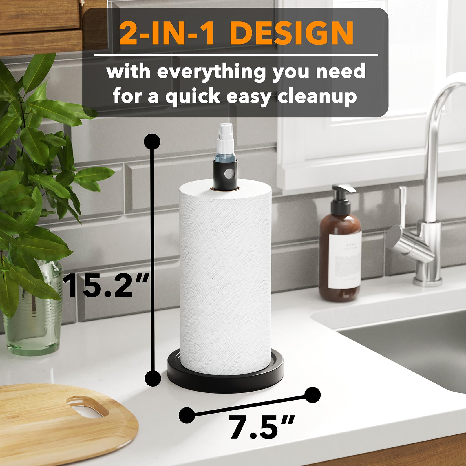 SpaceAid 2 in 1 Paper Towel Holder with Spray Bottle, Countertop Paper Towels Holders Stand with Sprayer Inside Center, Under Cabinet Papertowels Roller for Kitchen and Bathroom (Black)