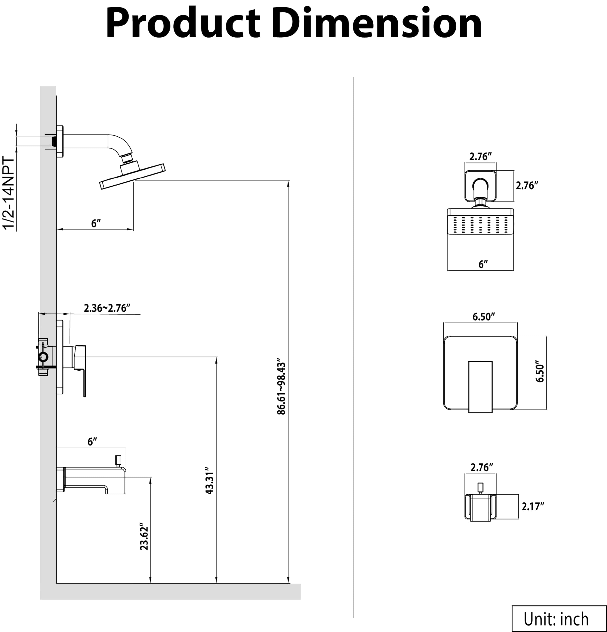 Esnbia Shower Faucet Set, Shower Head and Handle Set with 6-Inch Rain Shower Head and Tub Spout, All Metal Single-Handle Bathtub Shower Faucet Trim Kit (Shower Valve Include), Matte Black