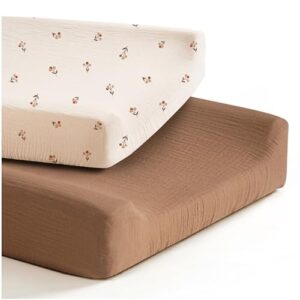 konssy 2 pack muslin changing pad cover for baby girls boys 100% cotton fitted diaper changing table cover set, soft changing pad sheets (brown, berry)