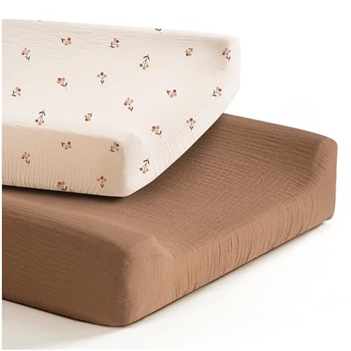 Konssy 2 Pack Muslin Changing Pad Cover for Baby Girls Boys 100% Cotton Fitted Diaper Changing Table Cover Set, Soft Changing Pad Sheets (Brown, Berry)