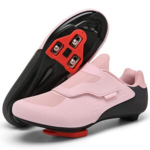 unisex cycling shoes compatible with peloton shoes indoor road bike riding shoes for men and women pre-installed with delta cleats clip outdoor pedal pink