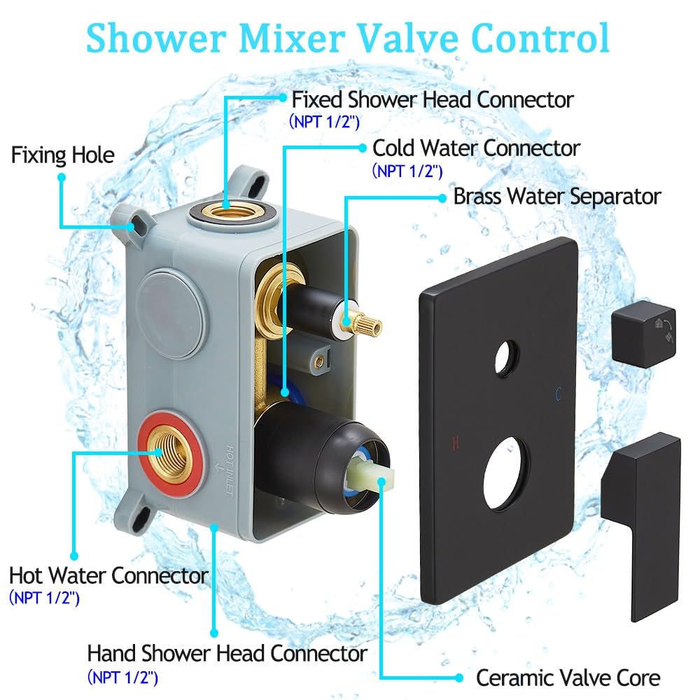 annazom Shower Faucet Set Rain Shower System Matte Black with High Pressure 8-Inch Shower Head Handheld Square Shower Head Bathroom Luxury Rain Shower Faucet Shower Complete Combo Kit Wall Mounted