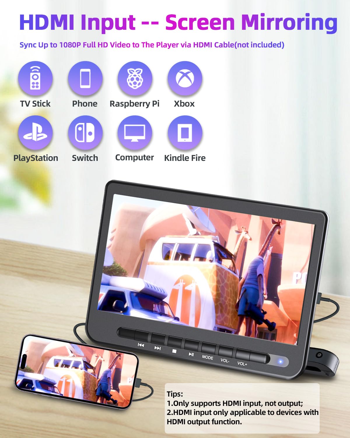 10.5" Portable DVD Player for Car with HDMI Input 1080P, DESOBRY Car DVD Player Dual Screen with Full HD Transmission,5-Hour Rechargeable Battery, Supports USB Input,Last Memory (1 Player + 1 Monitor)