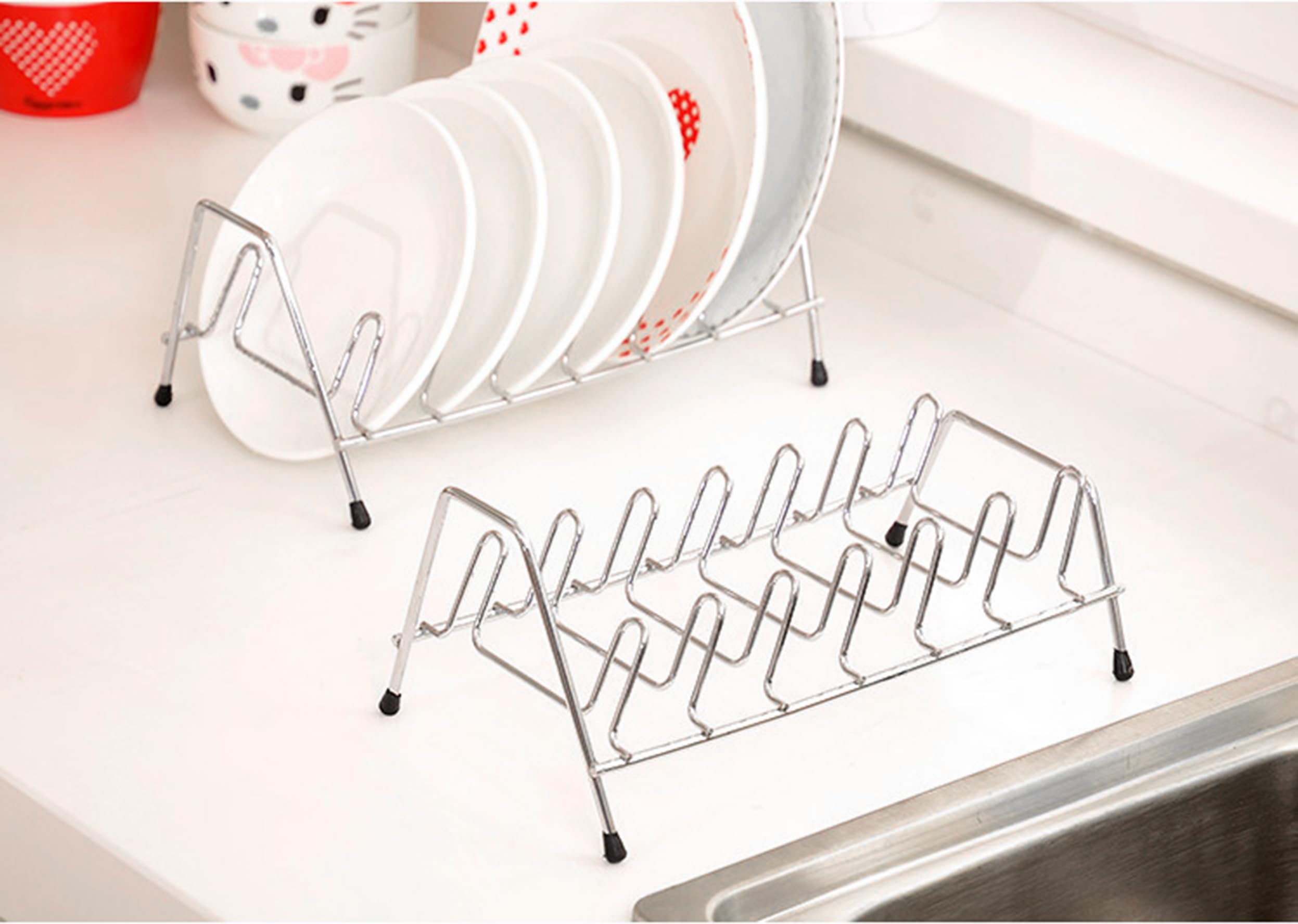 8 slot plate rack (2 pieces) for cabinet cup holders and drawers, plate organizer dry rack, stainless steel, plate rack for baking cookie sheets, dinner plates, pot lids and cutting board organizers