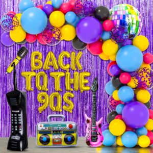 101pcs 90s party decorations, 90's birthdays party supplies bundle includes inflatable disco ball radio boom box retro mobile phone guitar and mobile phone, back to 90s hip hop party for adults