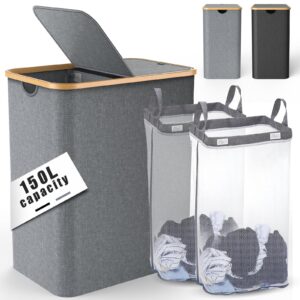 150l double laundry hamper with lid - chamuty dirty clothes hamper, collapsible laundry baskets, tall and slim design, perfect for dorm and bedroom use (grey)