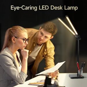 rigors LED Desk Lamp for Home Office - Dual Swing Arm Desk Light with USB Charging Port,Eye-Caring Foldable 5 Color Modes 10 Brightness Levels Dimmable Desk Lamp for College Dorm Room (Black)