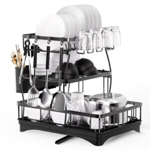 3 tier dish drainer rack for kitchen counter, large capacity dish drying rack with 360° rotating drainboard, dish drainers for kitchen sink, countertop large detachable stainless steel dish rack