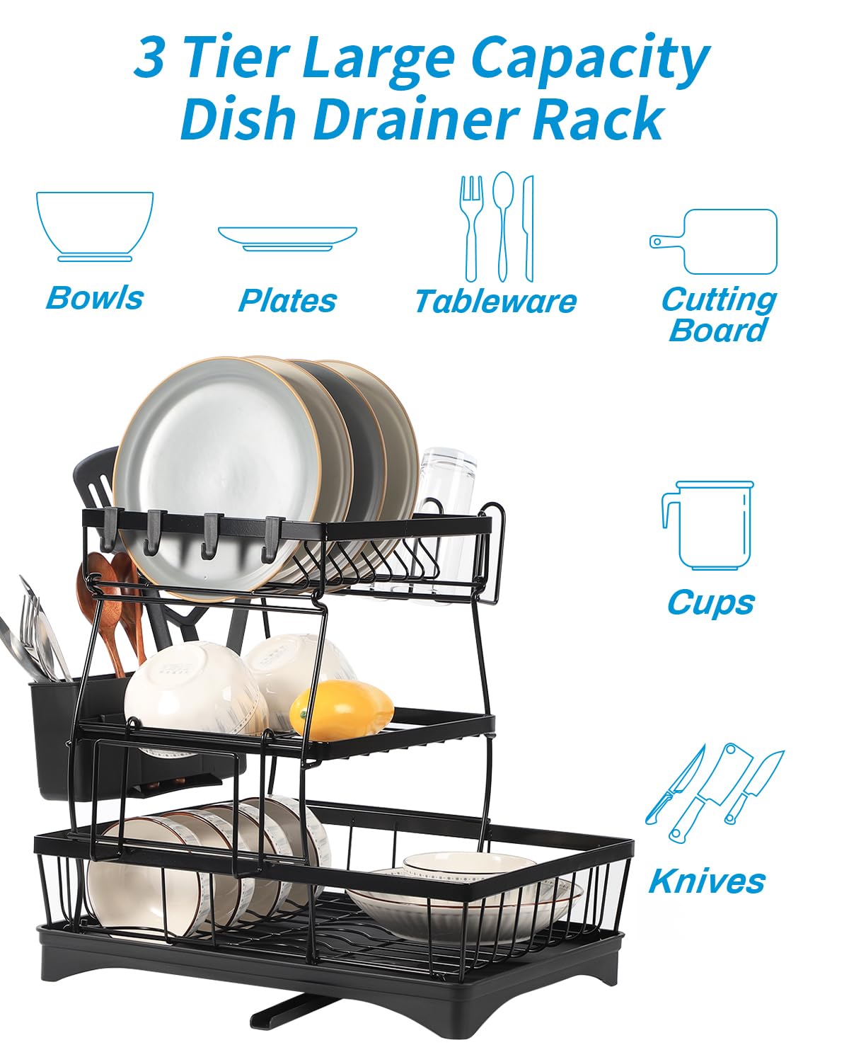 3 Tier Dish Drainer Rack for Kitchen Counter, Large Capacity Dish Drying Rack with 360° Rotating Drainboard, Dish Drainers for Kitchen Sink, Countertop Large Detachable Stainless Steel Dish Rack