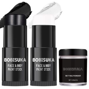 bobisuka black white face paint stick with setting powder set, eye black sticks for sports, body paints for clown skeleton vampire skull cosplay special effects costume sfx halloween makeup kit