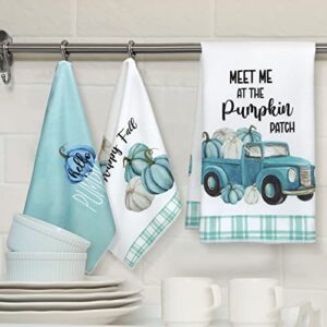 Sratte 4 Pcs Fall Kitchen Towels 16 x 24 Inch Blue Pumpkin Dish Towels Thanksgiving Decorative Tea Towels Autumn Harvest Hand Towels Blue White Absorbent Dishcloth for fall Home Bathroom Kitchen Decor