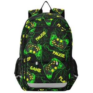glaphy green video game joystick and lightning school backpack lightweight laptop backpack student travel daypack with reflective stripes